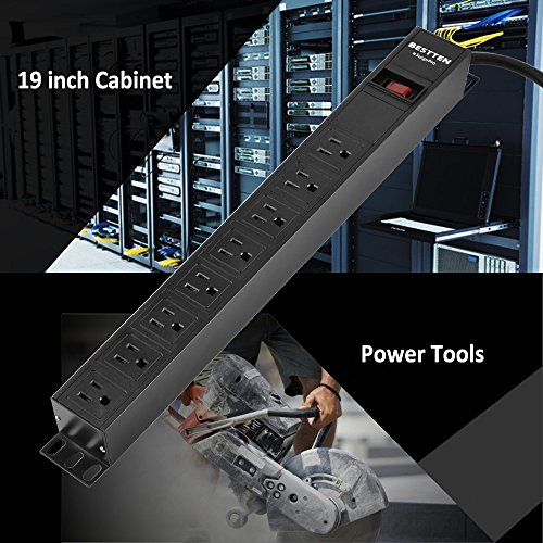 BESTTEN 1U PDU with 8 Outlets and 9FT Cord, Heavy Duty Metal Power Strip with Surge Protector