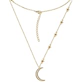 Savlano 14K Gold Plated Cubic Zirconia Round Cut Moon & Stars 18 Inches Pendant Chain Necklace For Women