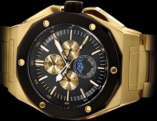 LOUIS-XVI-Herren-Armbanduhr-Le-Souverain-Stahlband-Gold-Schwarz-Mondphase-Analog-Quarz-Edelstahl-626
