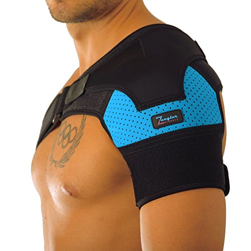 Shoulder Support Brace - Adjustable Sleeve, With Compression Pad & E-Book by Zeegler Orthosis - Therapy for Pain Relief and Injuries like Dislocated AC Joint, Bursitis, Rotator Cuff, Labrum Tear