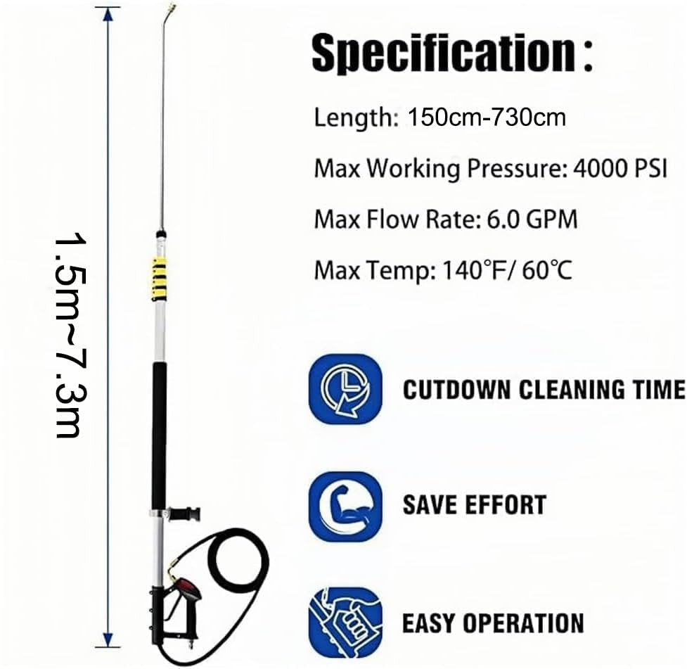 Gresonic 7.3m Telescopic Pole for Pressure Washer - Complete Kit with Brush, 2 Extensions, 7 Nozzles and Accessories