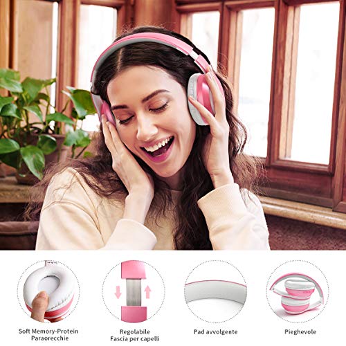 Cuffie Wireless Over Ear, Cuffie Bluetooth Senza Fili con Microfono Incorporato, Cuffie Stereo Pieghevoli Audio Hi-Fi per Telefono/Pc/Tv/Online, Comodi Paraorecchie per Indossare a Lungo(Rosa)