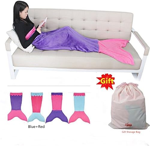 Mermaid Tail Blanket Mermaid Tail, Super Soft Tail Blanket Living Room Sofa Sleeping Blanket - Feet Go Into the Bottom, All Season's Blanket for Adult Children, 55.1"x19.7" (M, Blue+Red)