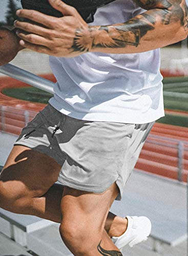 FLYFIREFLY Men's 2-in-1 Workout Running Shorts 7" Lightweight Gym Yoga Training Sport Short Pants Grey