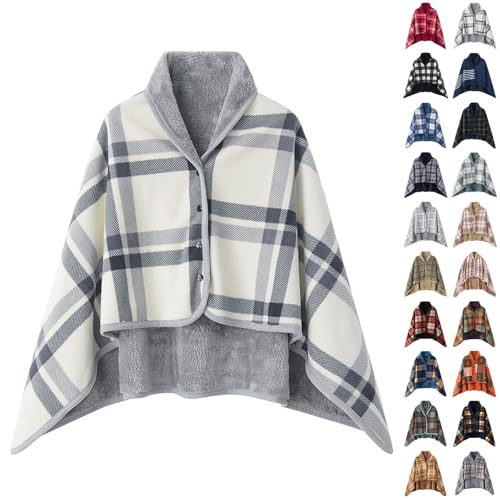 Flannel Cape Poncho Blanket for Women UK Sherpa Fleece Winter Fluffy Shawls Casual Soft Warm Elegance Checked Plush Home Wear Wraps
