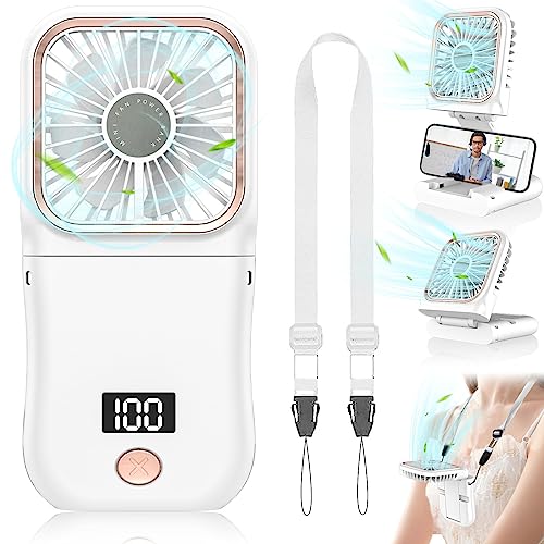 DDKJ Portable Folding Hand Fan 180° - Powerful 4000mAh Battery | Up to 8 Hours | LED Display Battery Levels & Speeds | Neck Cord for Office Travel Outdoor Children & Adults