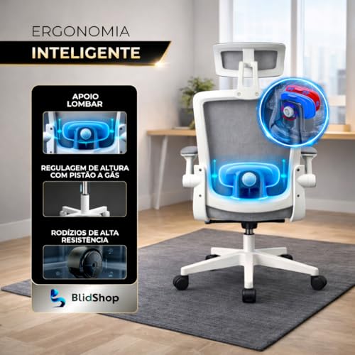 BlidShop Cadeira de Escritório Ergonômica, Suporte 120kg, Ajuste Lombar, Apoio de Cabeça, Tela Mesh Premium, Giratória, Home Office (Branca e Cinza)