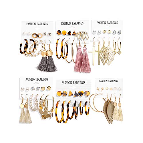 36 Pairs Fashion Earrings Set with Tassel for Women Girls Gold Cross Dangle Leaf Earrings Bohemian Acrylic Hoop Stud Earrings for Birthday/Party/Dinner/Christmas - Thumbnail 7