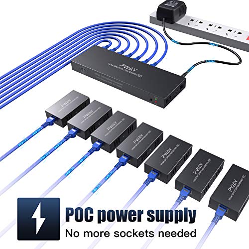 PWAY PW-HTS0107(POC) 1X7 HDMI Extender Splitter Ultra HD 1080P over Cable Support EDID Up to 50m/165ft Cat6 Remote Control (1 in 7 Out)