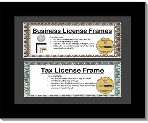 CreativePF [DL8.5x11bk-b] Satin Black Double Business License Frame with Two 3x8.5-inch Opening Mat Including Easel Stand and Wall Hangers
