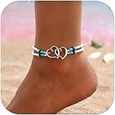 Angyape Shell Beaded Ankle Bracelet for Women, Double Layered Hollow Heart Sea Shell & Starfish Anklet Boho Turquoise Elastic Anklet Bracelet Summer Beach Foot Jewelry