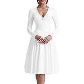 Kaximil Women's Long Sleeve V Neck A Line Elegant Midi Dress Ruffle Flowy Wedding Guest Party Cocktail Dresses