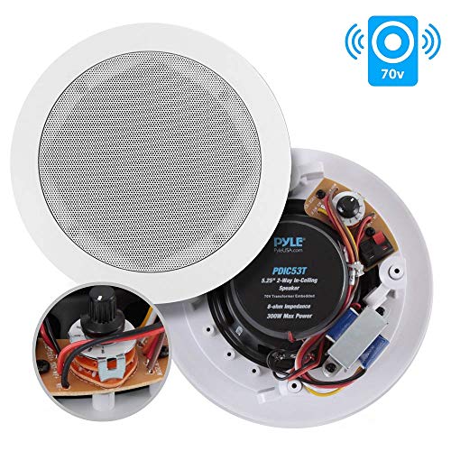 Ceiling and Wall Mount Speaker – 5.25″ 2-Way 70V Audio Stereo Sound Subwoofer Sound with Dome Tweeter, 300 Watts, In-Wall & In-Ceiling Flush Design for Home Surround System – Pyle PDIC53T (White)
