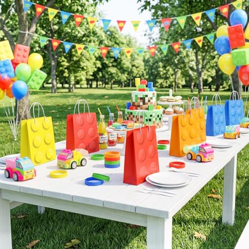 62 Pcs Building Blocks Party Favors Set- Building Block Favor Bags Keychains Slap Bracelets etc Building Block Themed Party Favors