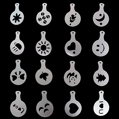 Aoyoho 3Pcs Stainless Steel powder shaker Icing Sugar Powder Cocoa Flour Coffee Sifter Cooking Tools Lid Chocolate Shaker Cocoa with 16 Different style Coffee Art Stencils