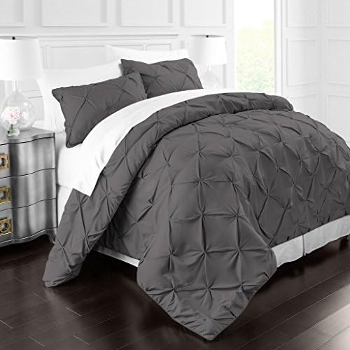 Park Hotel Collection Luxury Soft Brushed Microfiber Pinch Pleat Duvet Cover Set - Hypoallergenic Pintuck Style Duvet Cover w/Matching Shams - King/Cal King - Gray