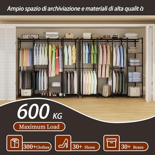 AQRA Metal Coat Stand, Adjustable Shelf Height, Large Capacity Wardrobe, 4 Assembly Methods, for Hanging Clothes, Storage, 193.5W×43.5D×195H (Black)