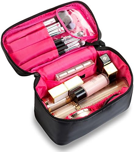 MODARANI Travel Makeup Bag with Brush Holder Cosmetic Train Case Black Red Makeup Pouch Tote Bag