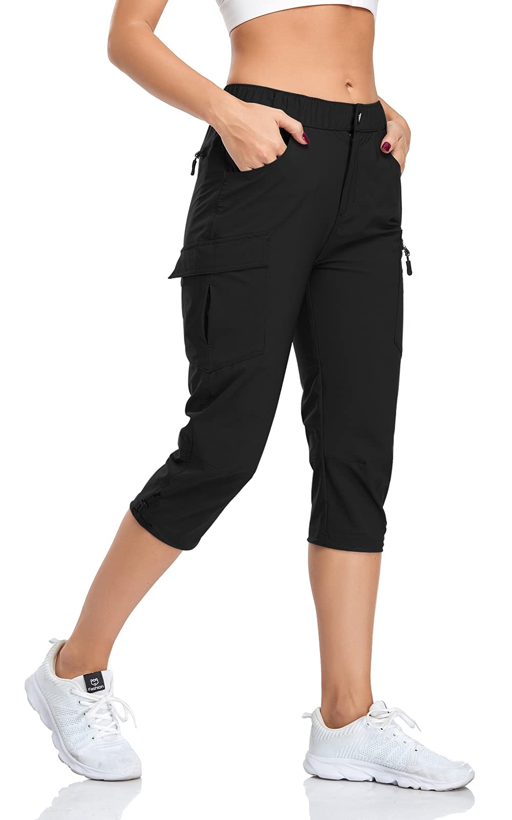 Photo 1 of GymBrave Women's Hiking Cargo Pants Quick Dry Outdoor Camping Capris Water Resistant UPF 50 with Zipper Pockets Black