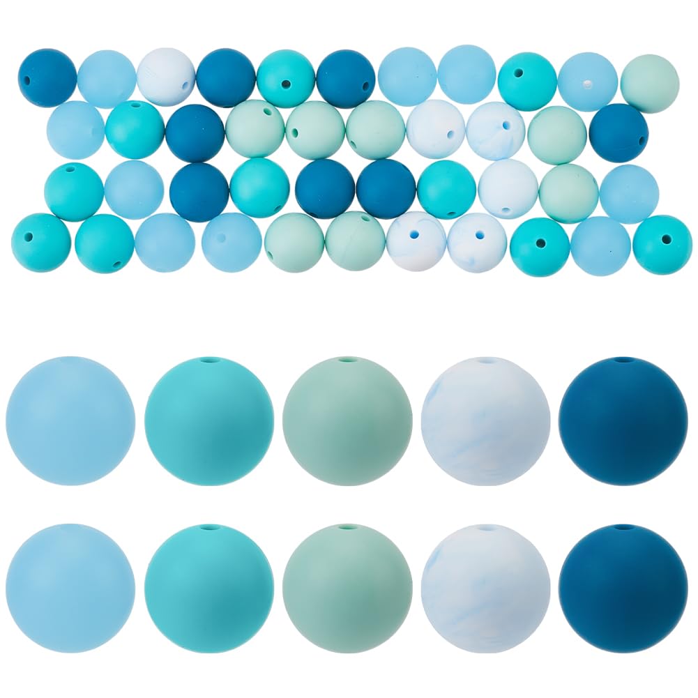 SOFPLATE 1 Box 60Pcs Round Silicone Bead Blue Focal Beads Bulk Mixed Color 15mm 16mm Rubber Soft Loose Spacer Beads for Bracelets Keychain Beadable Pens Necklaces Jewellery Making Beading DIY Crafts
