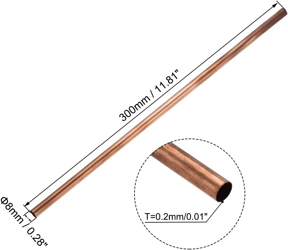 sourcing map Copper Round Tube, 8mm OD 0.2mm Wall Thickness 300mm Length Straight Pipe Tubing, 8mm x 0.2mm x 300mm - Image 3