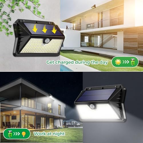 OUILA Outdoor Solar Light, 4 Pack 185 LED 3 Modes Solar Spotlights Outdoor with Motion Sensor, IP65 Waterproof Outdoor Lamps for Garden, Garage, Street, Patio, Paths (Cool White)