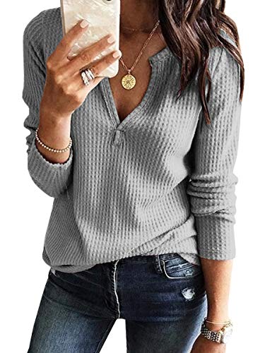 Chellysun Womens Long Sleeve V Neck Henley Shirts Waffle Knit Casual Loose Plain Pullover Jumpers Grey