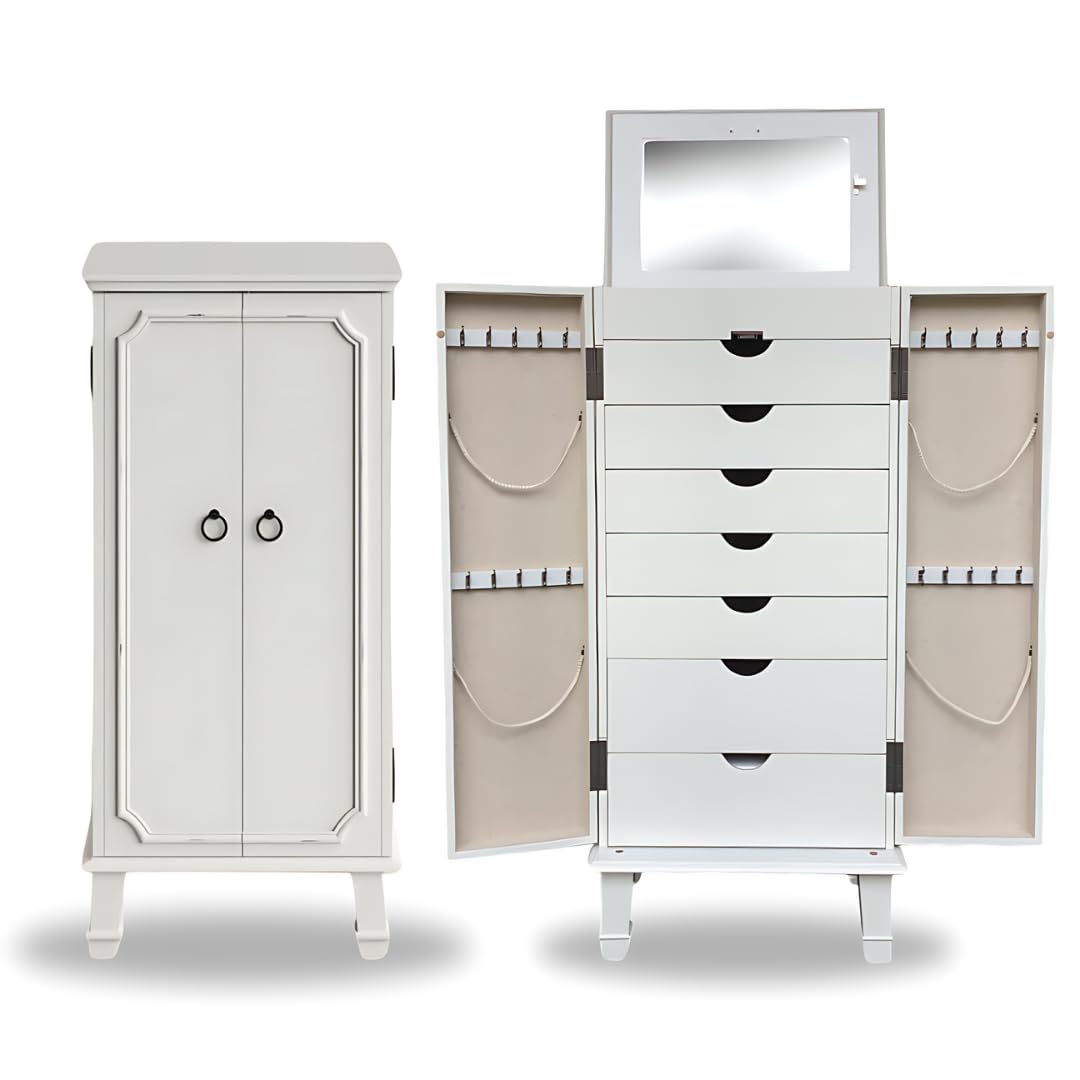 Photo 1 of Hives and Honey Carly Standing Jewelry Armoire – Fully Locking Jewelry Organizer, 7 Drawers, Necklace Hooks, Mirror, Ring Rolls, Anti-Tarnish Lining, Solid Wood Construction, White