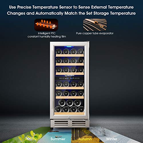 MOOSOO 15'' Dual Zone Wine Cooler Refrigerator Builtin or Freestanding, Independent Temperature