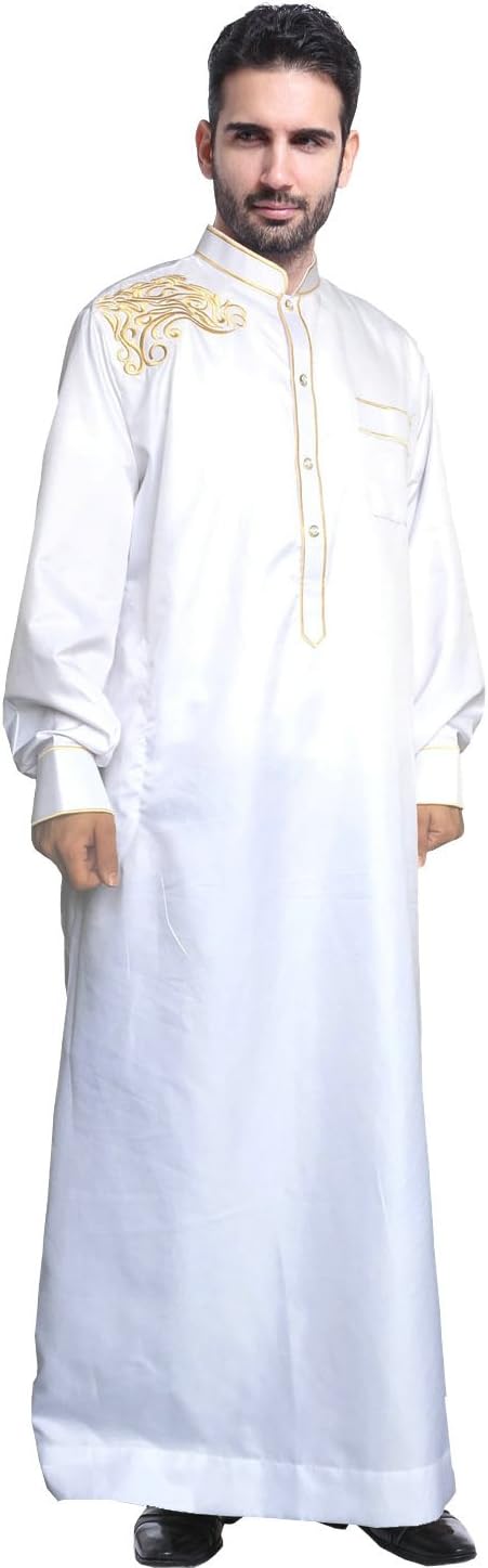 Ababalaya Men's Long Sleeve Mock Neck Embroidered Muslim Thobes Dishdasha Easter Wear,804White,XXL