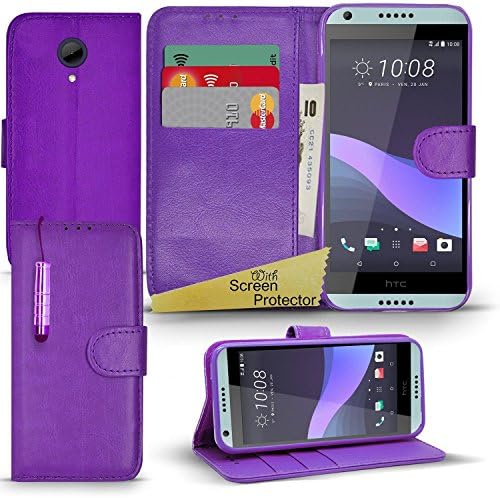 HTC DESIRE 650 - Premium Wallet Leather Case Book Cover Flip Stand + Cloth + Stylus + Screen Protector [Inside Gel Case] (HTC DESIRE 650, Purple)