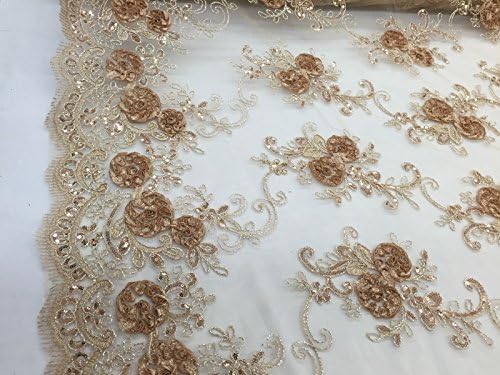 36" x 50" Embroider With Sequins And 3d Flowers On A Mesh Lace Crafts Sewing For Wedding Bridal Prom Fabric Party Home Decoration 1Pcs (Caramel )