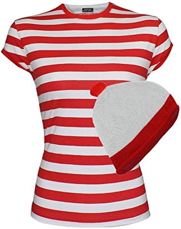 Womens Red And White Stripe Party T Shirt Hat Fancy Dress Outfit