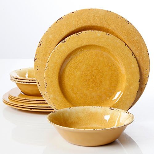 Studio California Mauna Crackle 12 Piece Melamine Dinnerware Set, Yellow