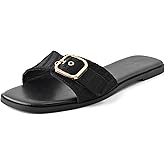 YEBOYOUZA Women's Flat Sandals Slides Slip on Square Toe Adjustable Buckle Summer Beach Dressy Shoes