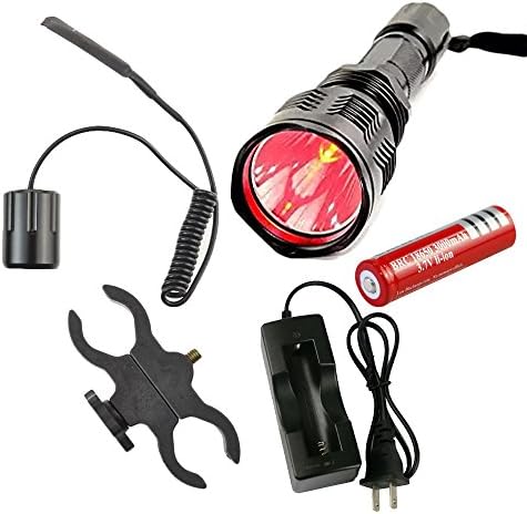 Red Light LED Hunting Flashlight 250 Yard Long Range Water Resistant with Rechargeable 18650 Lihtium ion Battery and Charger and Scope Mount and Remote Pressure Switch