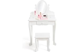 Kids Vanity and Stool, Girls Vanity Table and Chair Set, Princess Vanity with Storage Drawers, Rotating Oval Mirror and Makeu