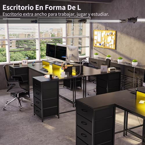 Simple Wisdom Escritorio Gamer,Escritorio Minimalista,El Escritorios Viene con un Cajón de Tela,una Regleta de Enchufes,una Regleta Luces, un Soporte Para Monitor y un Soporte Para Auriculares (Negro)
