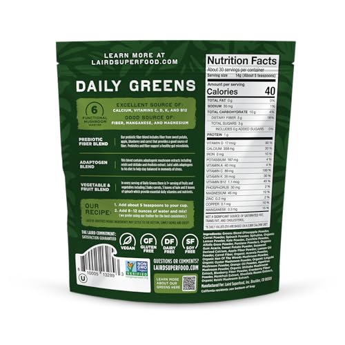Laird Superfood Prebiotic Daily Greens Powder – Essential Vitamins & Minerals - Prebiotic Fiber, Adaptogen and Fruits & Vegetables – Supports Gut Health – Non-GMO, Vegan - 14.8 oz Bag, Pack of 1