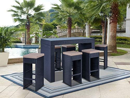 Kailua Furniture RAVA (7 Piece Set) Modern Outdoor All-Weather Wicker Bar Table with Glass Top & Stools with Removable Cushion Covers (Black/Beige)