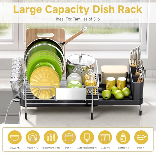Urackify Large Dish Drying Rack, Expandable Dish Rack with Drain Board, Dish Drainer for Kitchen Couter, Dish Dryer Rack with Cups and Cutlery Holders, Stainless Steel Silver