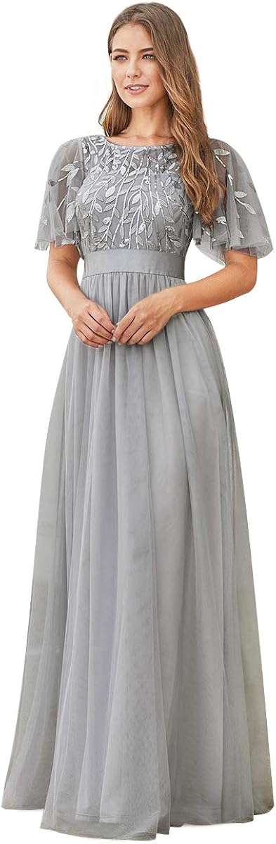 long empire waist evening dress with short flutter sleeves