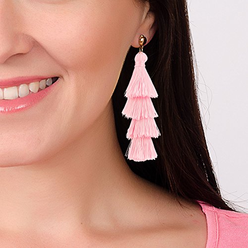 BaubleStar Fashion Gold Tassel Dangle Earrings Layered Long Bonita Tiered Pink Thread Tassel Drop Statement Jewelry for Women Girls