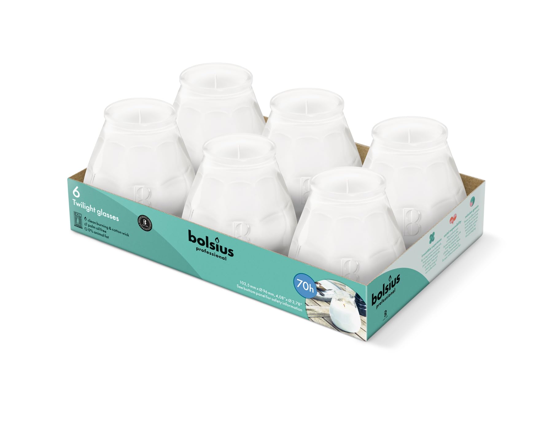 Bolsius – Outdoor Candles - 6 Pieces - in Glass - White - Burning Time 70 Hours - No Palm Oil - Clean Burning - Cotton Wick - Non Scented