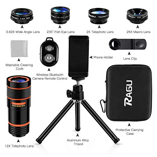 image for 10 in 1 Phone Lens Kit, RAGU 12X Zoom Telephoto Lens, 25X Macro Lens, 