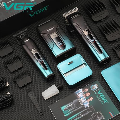 VGR 694 Professional Men's Hair Clipper Kit, Wireless Beard and Hair Trimmer with Magnetic Charging Station, Barber Kit Equipped Ceramic Blades and LED Display, Green