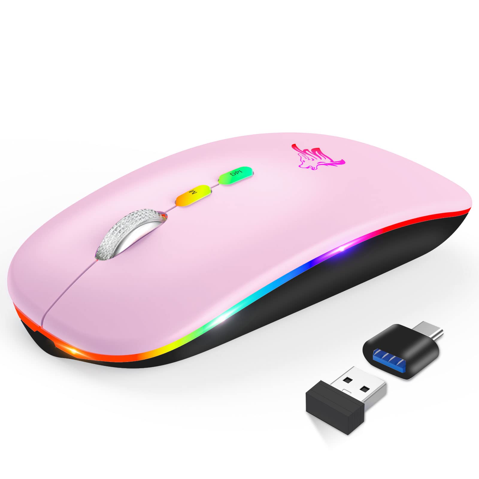 Photo 1 of HOTLIFE LED Wireless Mouse, Slim Rechargeable Wireless Bluetooth Mouse, 2.4G Portable USB Optical Wireless Computer Mice with USB Receiver and Type C Adapter (Pink)