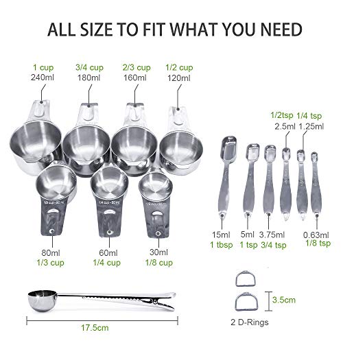 14 Piece Measuring Cups and Spoons Set and Coffee Measuring Spoon with Bag Clip, Neyes Stainless Steel 7 Measuring Cups and 6 Measuring Spoons for Dry and Liquid Ingredients Baking Cooking (14)