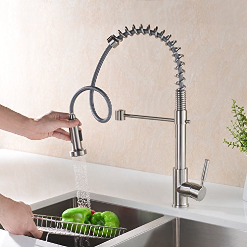 GICASA Upgraded Version Solid Brass Commercial Style Single Handle Pull Out Sprayer Kitchen faucet, Brushed Nickel Stainless Steel Pull Down Kitchen Sink Faucets - Thumbnail 4