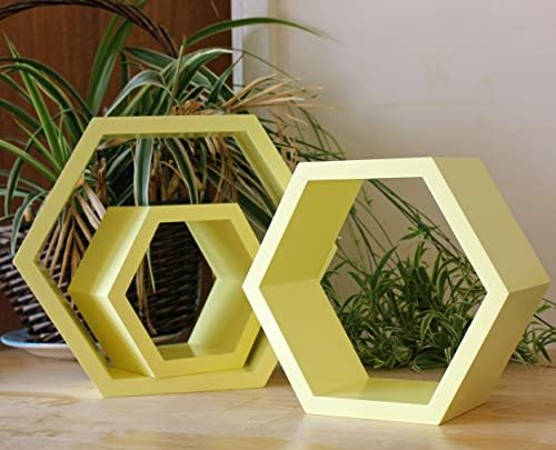 Set of 3 Hexagonal Cube Wall Shelves Storage Floating Shelf Bookcase Toys Games Books Blue Children Boy Girl (Yellow)